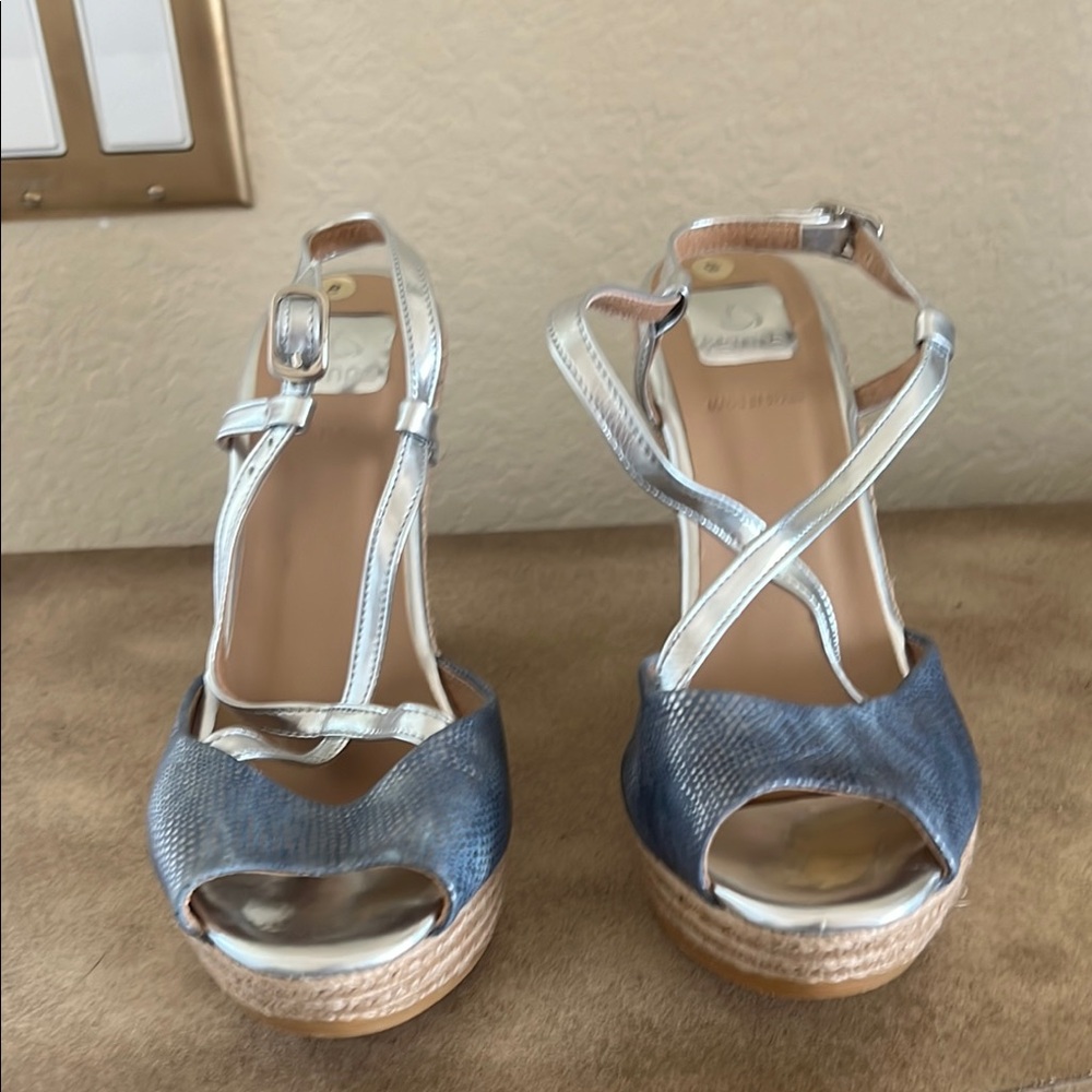 Silver and Blue Wedge Sandals